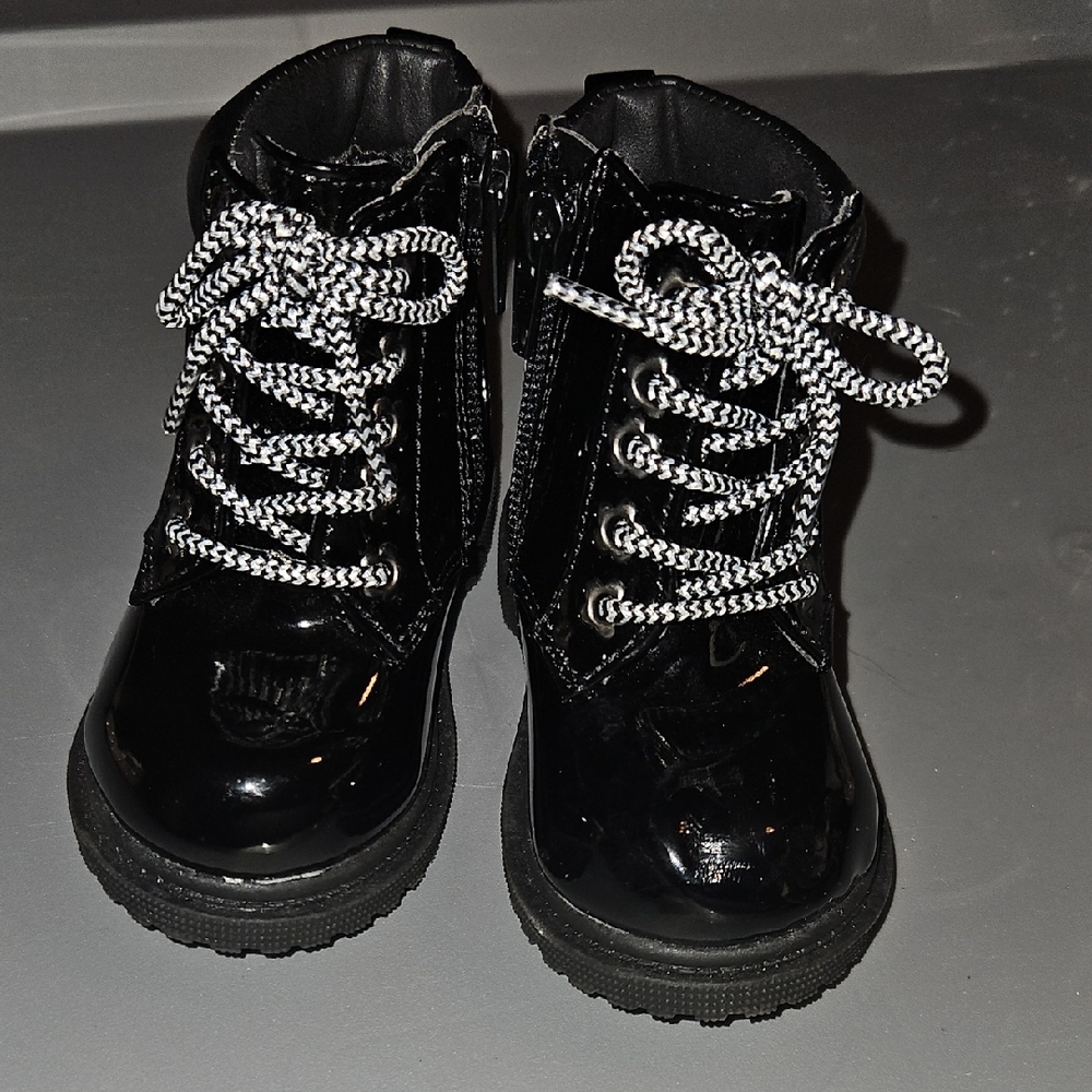 Wonder Nation Shiny Black Kids Boots with Striped Laces
